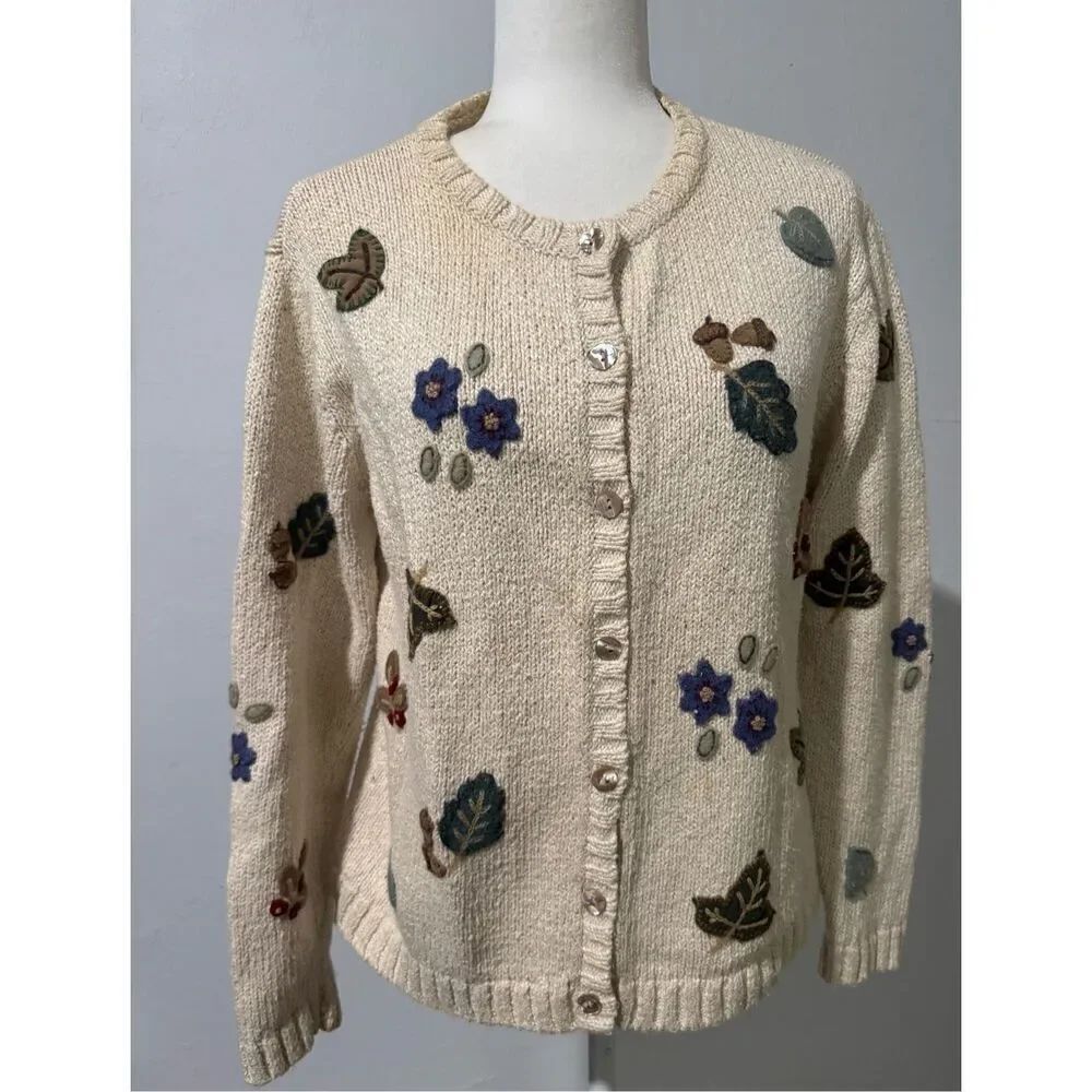 Talbots fall embroidered linen blend button front sweater MP